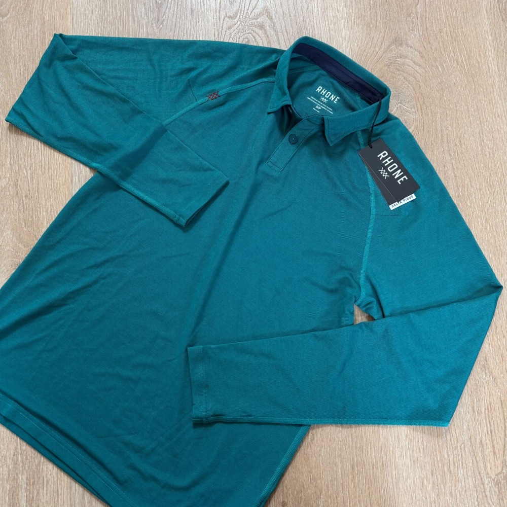 Rhone Delta Pique Long Sleeve Polo Mens Small Deep Teal Performance NWT
